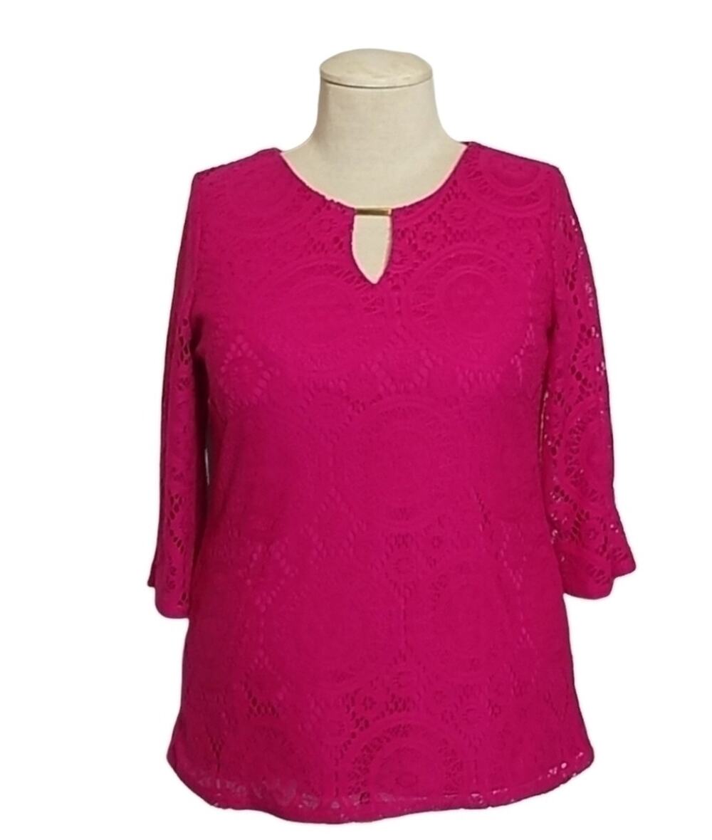 Tacera SZ Large Top Pink Crochet Top 3/4 Sleeve